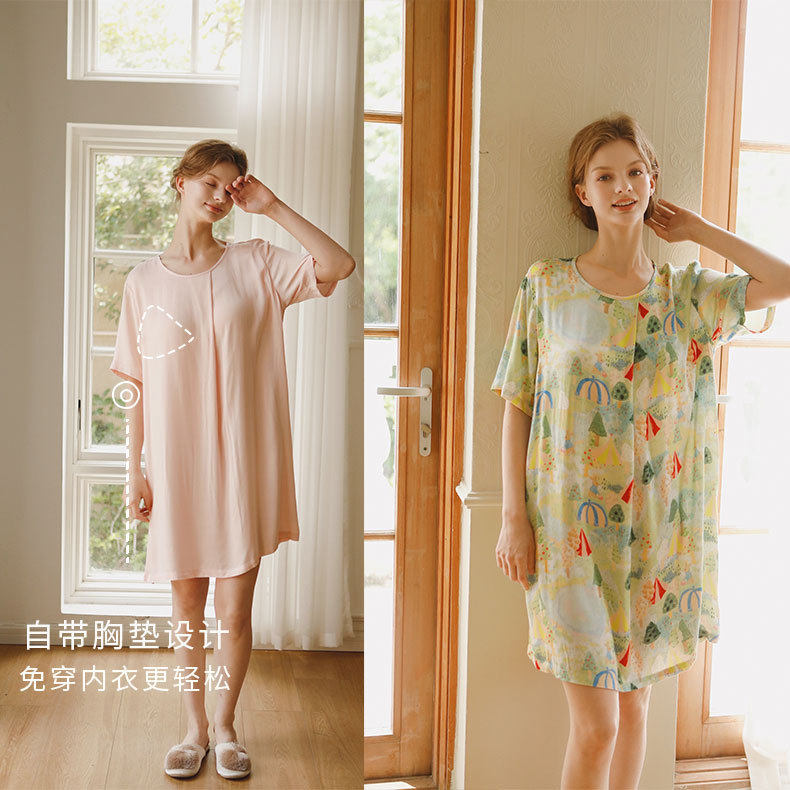 夏季新品 带胸垫款 人棉贡缎城堡印花法式甜美圆领女短袖中款睡裙
