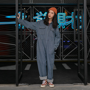 倔强兔男士微弹牛仔连体裤日系复古宽松休闲外套连体衣男生工作服