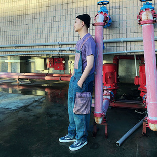 倔强兔美式复古口袋工装背带裤秋季潮流青年宽松直筒裤连体牛仔裤