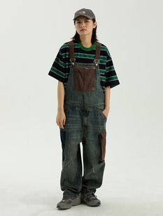 倔强兔 日系复古拉链大口袋背带裤男女情侣宽松直筒牛仔连体裤潮