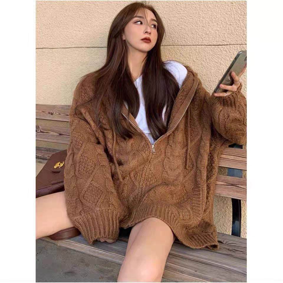 拉链连帽麻花毛衣外套女秋冬慵懒风中长款复古宽松设计感针织开衫