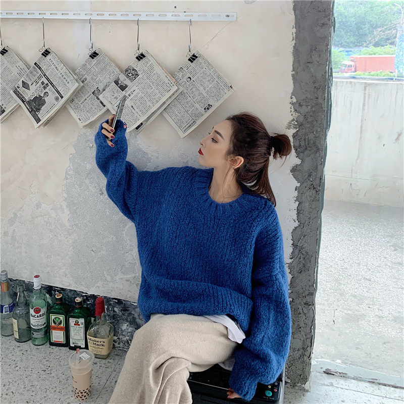全新慵懒风毛衣女秋冬外穿宽松韩版加厚百搭中长款毛线上衣女包邮