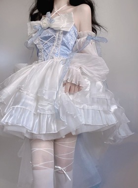 蓝色lolita连衣裙洋装设计前短后长花嫁重工大蝴蝶结拖尾公主裙子