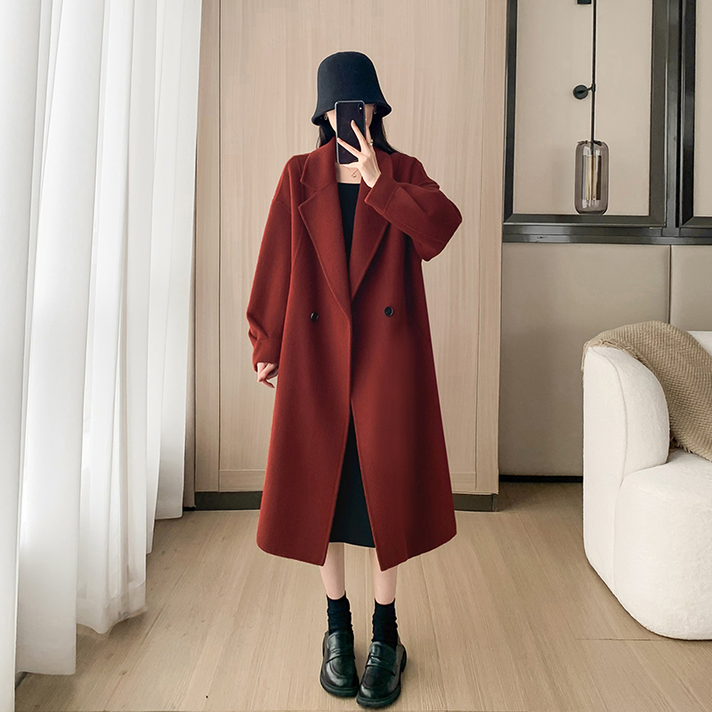 安可拉红色双面羊绒大衣女2025秋冬新款羊毛呢子大衣女外套高级感