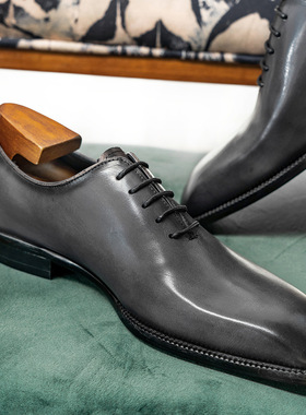 高档手工灰色一片式牛津鞋男整张皮头层牛皮商务皮鞋素面德比鞋子