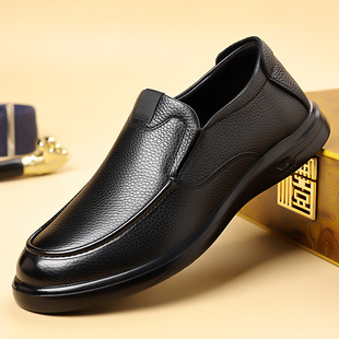 老年无带皮鞋男真皮单鞋四季老头软皮平底套脚老人家爷爷鞋子防滑