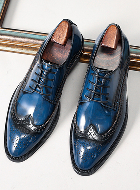 高级感开边珠篮兰色亮面反光牛皮正装皮鞋宝蓝色布洛克雕花男鞋子