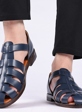 跨境外贸加大码欧美夏季罗马鞋男白色包头猪笼鞋子透气蓝色凉鞋潮