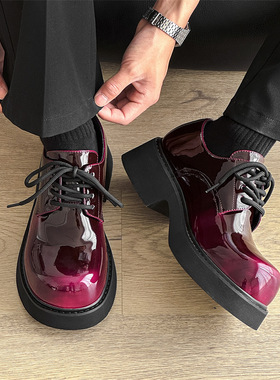 高级感红色擦色米奇休闲皮鞋男大头紫色内增高个性变色灰色德比鞋