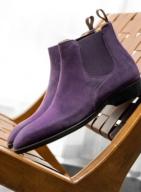 高档英伦紫色反毛皮男靴小方头浅灰色轻奢短靴磨砂牛皮切尔西皮靴