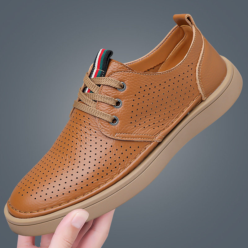 夏天棕色防臭镂空皮鞋休闲小孔透气软皮米白色热天平底鞋网眼男鞋