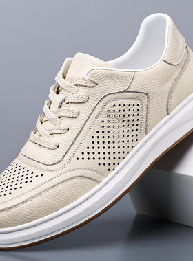 热天纯皮有孔男鞋2026新款网眼波鞋镂空休闲运动鞋漏洞板鞋小白鞋