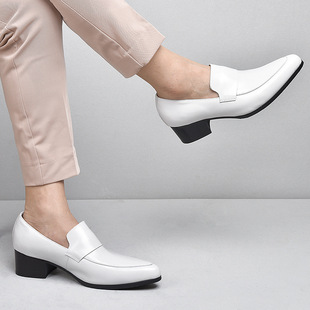 高端头层牛皮白色套脚高跟皮鞋男无鞋带粗跟司仪模特主持人演出鞋