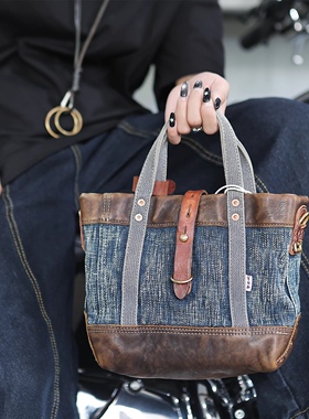 TSD头层牛皮拼接手捻纱手提单肩斜挎包女士复古托特限量无补8665