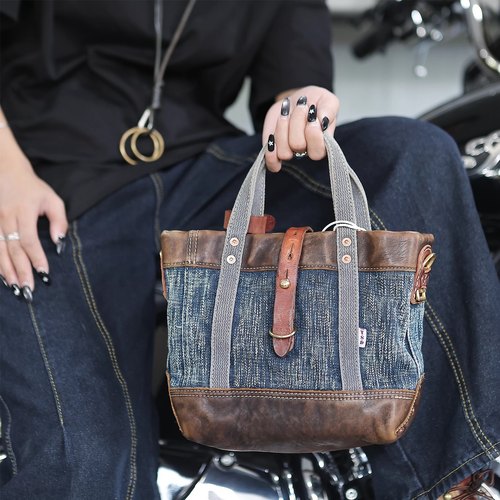 TSD头层牛皮拼接手捻纱手提单肩斜挎包女士复古托特限量无补8665