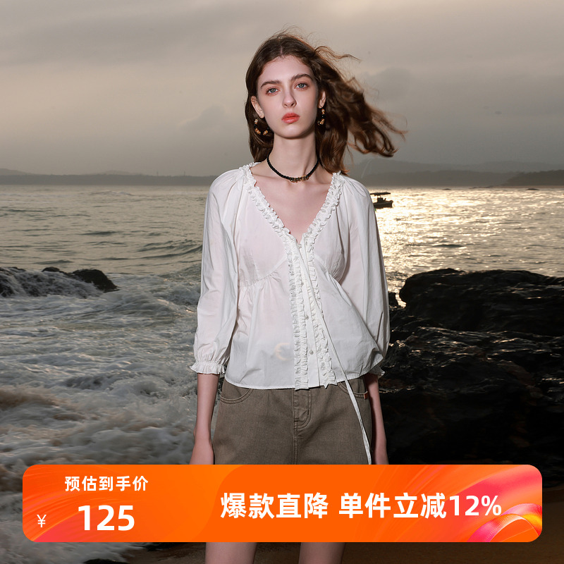 ibudu2025夏季新款木耳边花边V领衬衣白衬衫灯笼袖小衫女