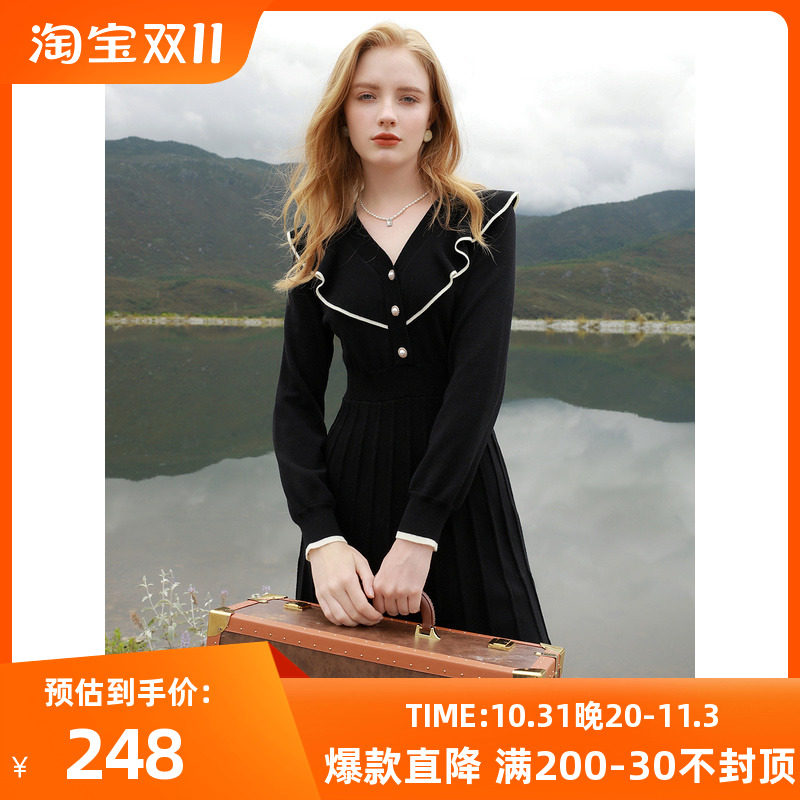 三彩2023冬季新款针织连衣裙V领撞色荷叶边收腰A字裙优雅淑女怎么样,好用不?