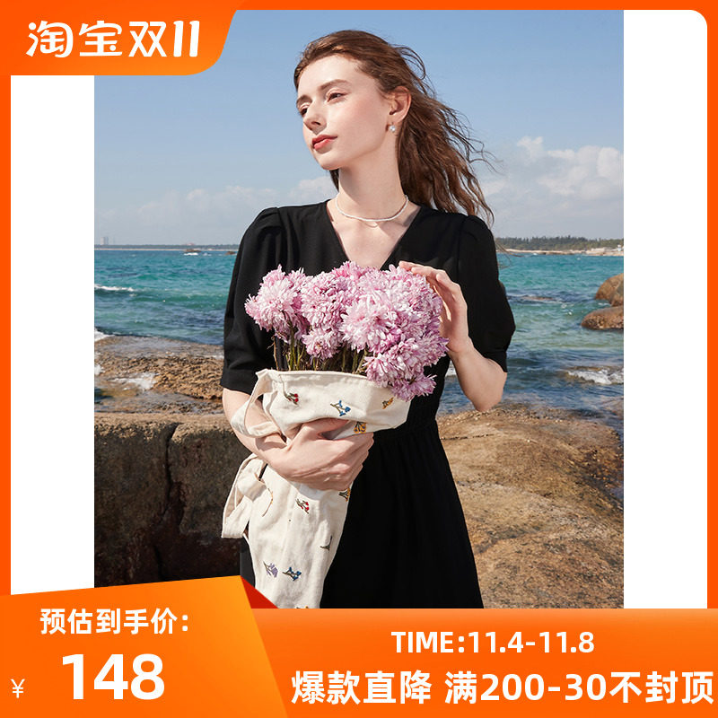 三彩2023夏季新款高腰气质小黑裙V领中长款纯色连衣裙显瘦女高性价比高么？