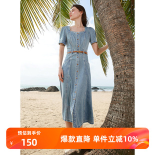 三彩2025春季 法式 牛仔連衣裙方領(lǐng)泡泡袖 收腰A字裙長裙復(fù)古女M 新款