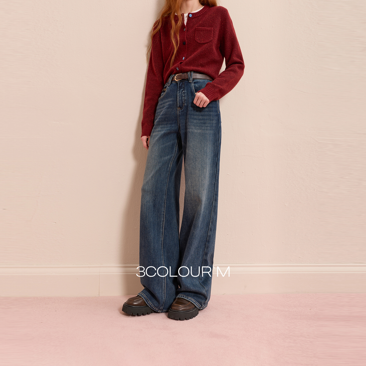 三彩2025冬季新款收腰宽松牛仔裤休闲阔腿裤一体绒磨毛长裤M