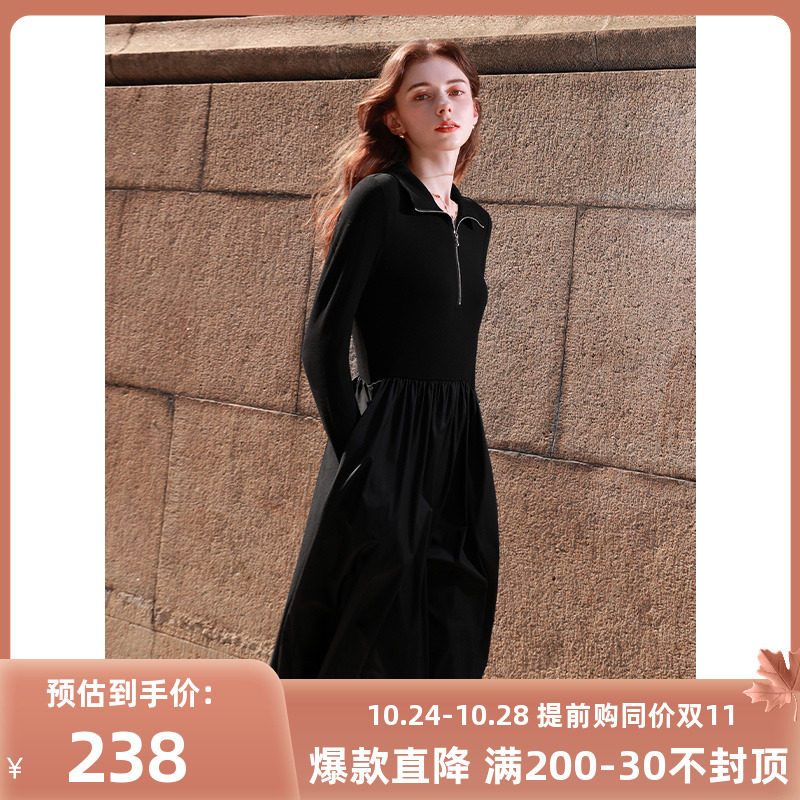 三彩2023秋季新款拉链翻领连衣裙高腰A字裙中长小黑裙简约女怎么样,好用不?