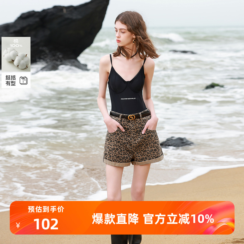 ibudu2025夏季新款宽松高腰豹纹牛仔裤纯棉阔腿裤翻边短裤女