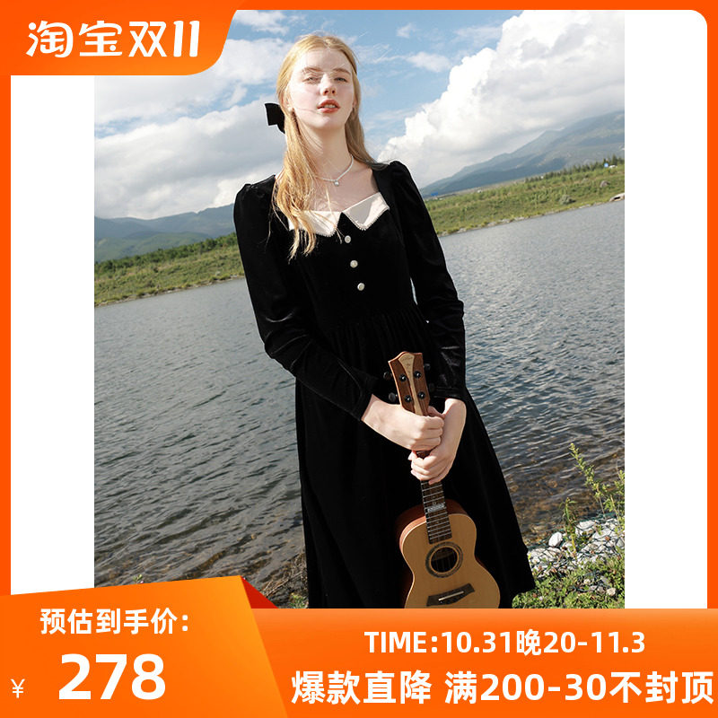三彩女装2023秋季新款丝绒连衣裙撞色方领长袖大摆长裙小个子使用感如何?