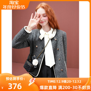 三彩独醒2023冬季新款香风毛呢外套长毛圆领大衣双排扣优雅小个子