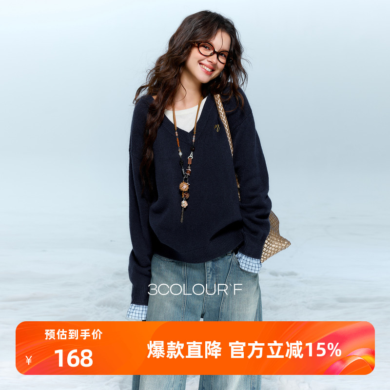 三彩独醒2025冬季新款假两件针织衫长袖简约套头衫上衣宽松F