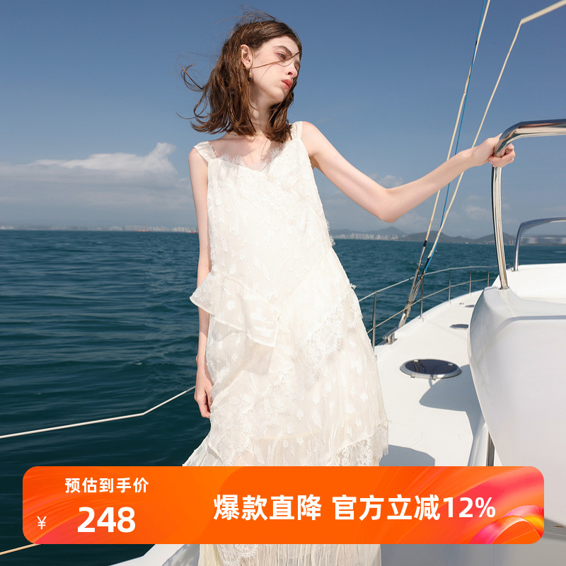 V领无袖吊带裙蕾丝花边连衣裙