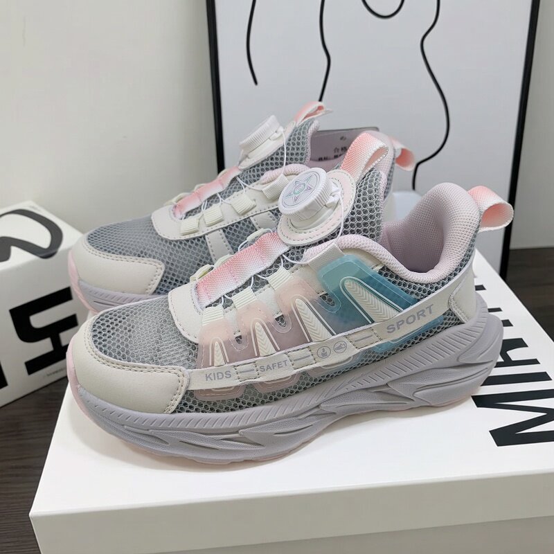 小学生童鞋女孩夏季女童运动鞋超轻透气防滑单网纽扣镂空老爹鞋