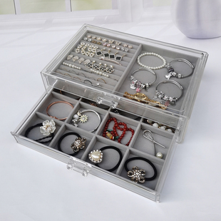 透明绒布大两抽屉耳钉耳环戒指项链发绳项链珠宝首饰收纳盒整理盒