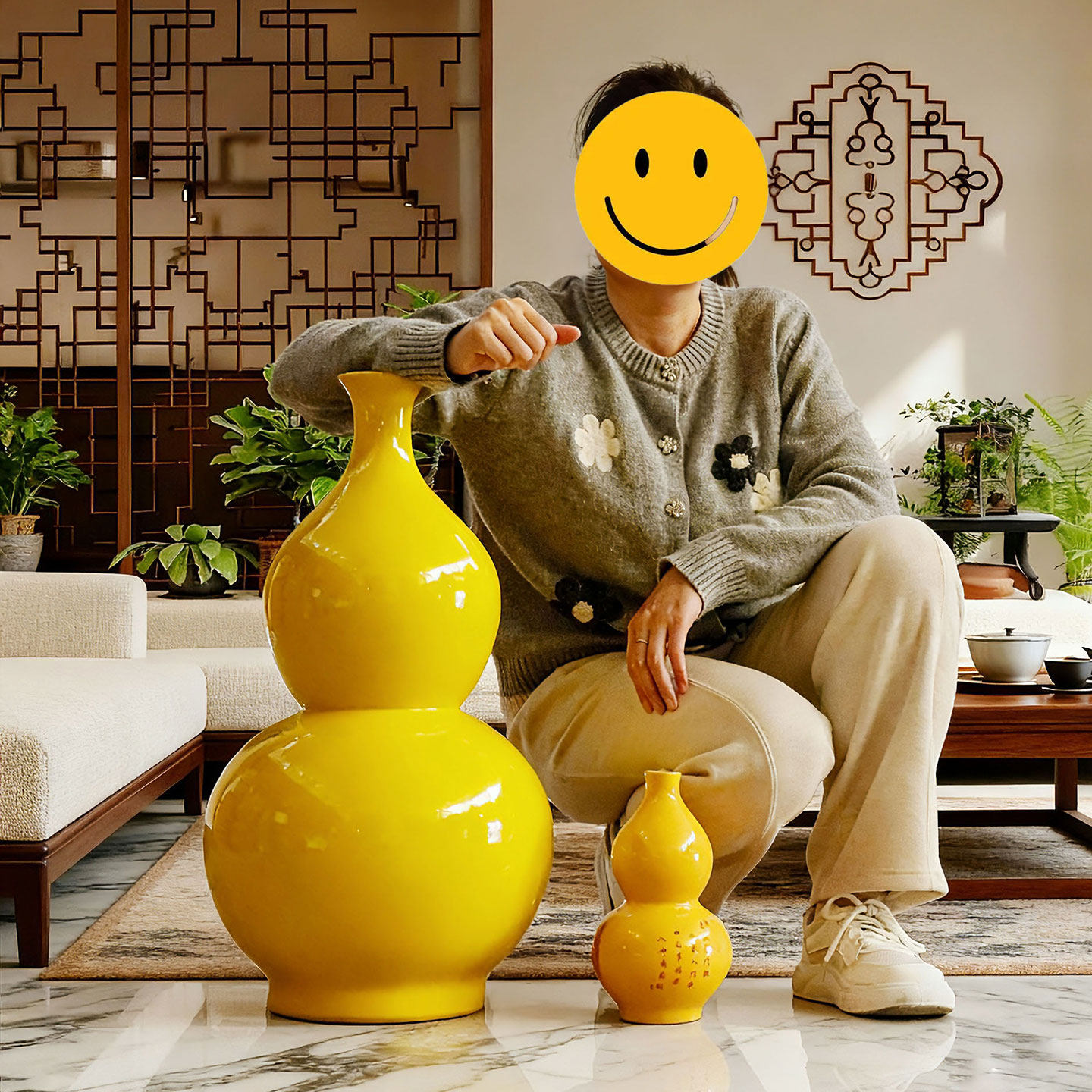 纯黄大号陶瓷开口葫芦摆件景德镇落地花瓶新中式玄关装饰招财镇宅,家居饰品,装饰摆件,淘宝优惠券,粉丝福利购,淘宝优惠卷