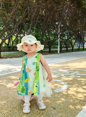 邦选童装女童夏季连衣裙薄款网纱拼接小童裙子女童绿色油画背心裙