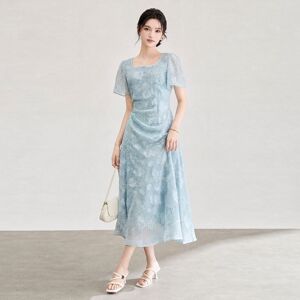 法式气质亮片刺绣烧花方领短袖连衣裙女夏季新款南油女装