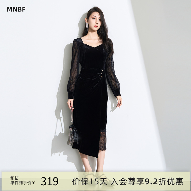 赫本风蕾丝拼接开叉小黑裙女