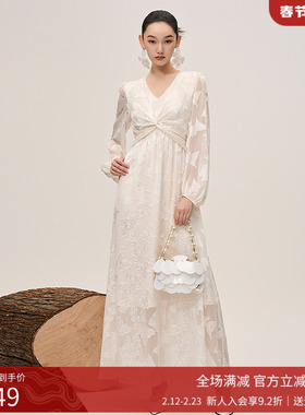 曼诺比菲商场同款2025秋季雪纺提花v领长袖连衣裙长裙SGEL131015