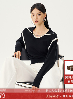 曼诺比菲商场同款2025春秋季拼接撞色翻领套头毛衣T恤MGCM111015