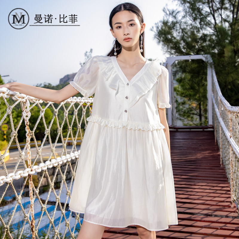 【商场同款】曼诺比菲夏季白色宽松短袖荷叶边连衣裙女