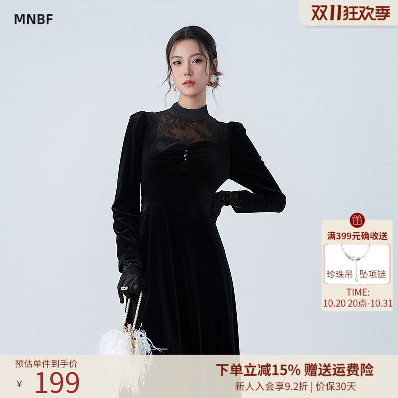 【商城同款】曼诺比菲春季优雅气质丝绒拼接蕾丝连衣裙