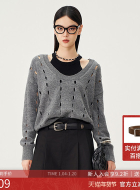 曼诺比菲商场同款2025春秋季镂空落肩套头毛衣针织上衣SGCM114066