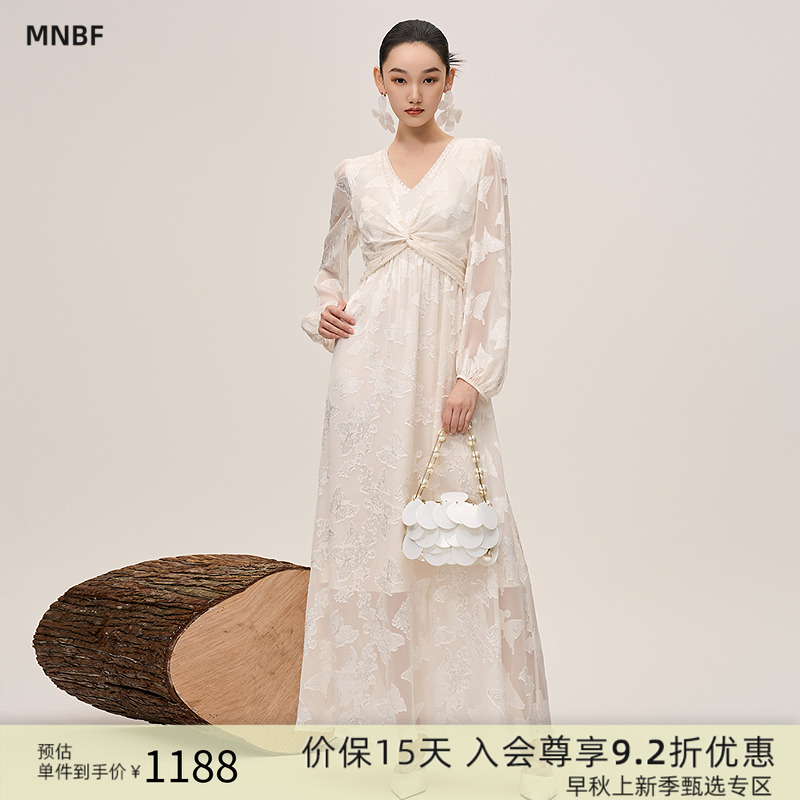 曼诺比菲商场同款2025秋季雪纺提花v领长袖连衣裙长裙SGEL131015