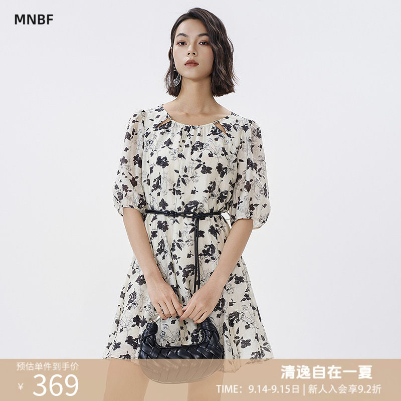 曼诺比菲商场同款夏季优雅气质泡泡袖印花连衣裙女MGBL121013图片