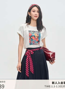 曼诺比菲商场同款2025夏季圆领套头蕾丝印花短袖T恤女MGFT151043