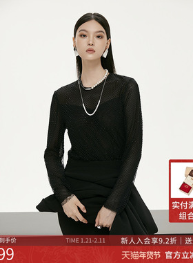 曼诺比菲商场同款2025春秋季黑色镂空设计长袖针织衫SGIT111019