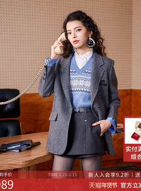 曼诺比菲商场同款2025冬季拼接撞色翻领双面呢西装外套MGEG145184