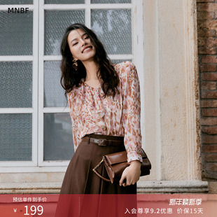 荷叶边v领长袖 曼诺比菲秋季 印花雪纺衬衫 商场同款