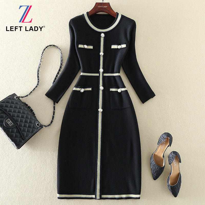 秋冬新款高端气质女装中长款小香风长袖黑色毛衣裙包臀针织连衣裙