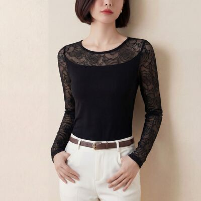 时尚镂空蕾丝打底衫女装春秋季新款上衣内搭长袖T恤黑色圆领小衫