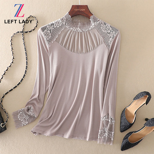 高领螺纹棉遮肚上衣内搭小衫 春秋新款 女长袖 蕾丝领打底衫 高端女装